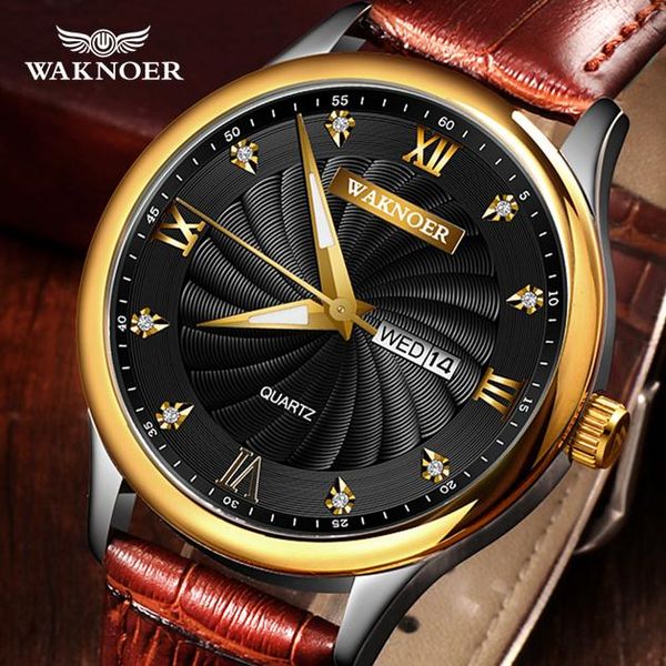 

wristwatches waknoer men watch relogio masculino calendar sapphire crystal quartz wrist wristwatch male ripple dialerkek kol saati hours, Slivery;brown