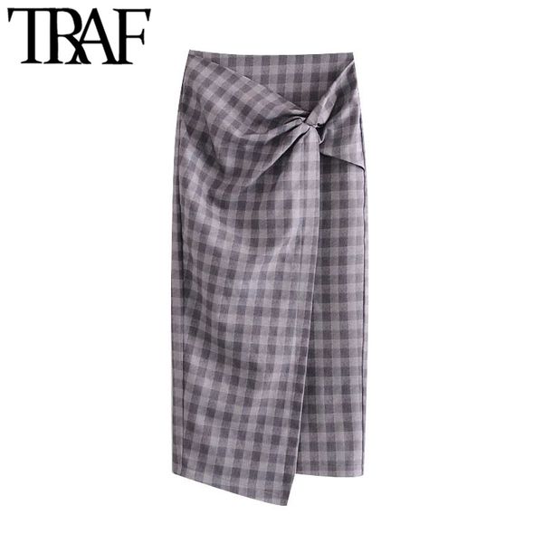 

traf women chic fashion with knot vents hem check midi skirt vintage high waist back zipper female skirts mujer 210415, Black