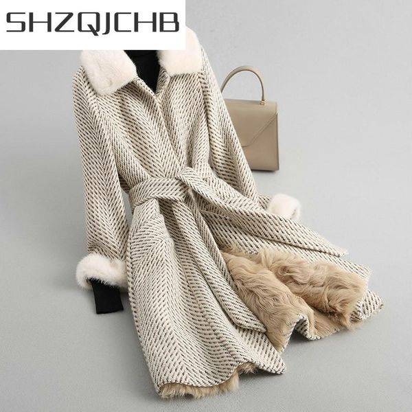 

women's fur & faux jchb 2021 real winter coat jacket women mink collar warm wool female lamb liner korean tweed kqn81249-1 my, Black