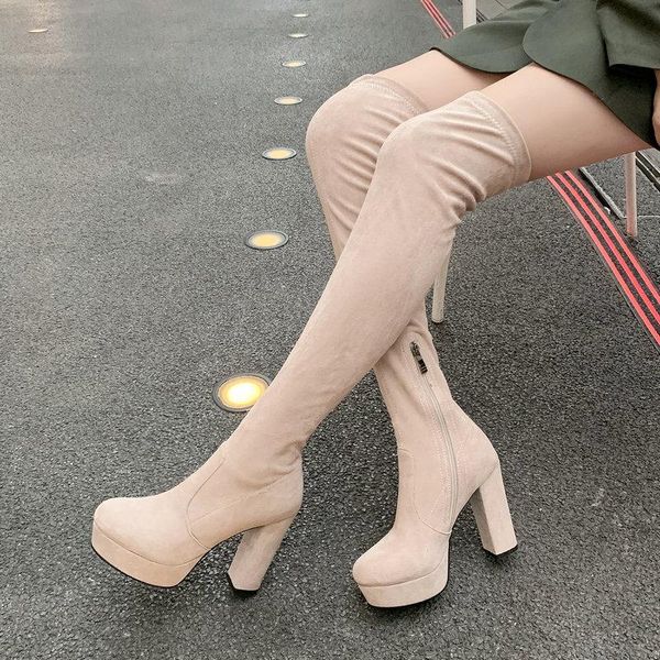 

boots ladies spring autumn suede stretch over-the-knee fashion zipper platform winter square high-heel slim women's shoes, Black