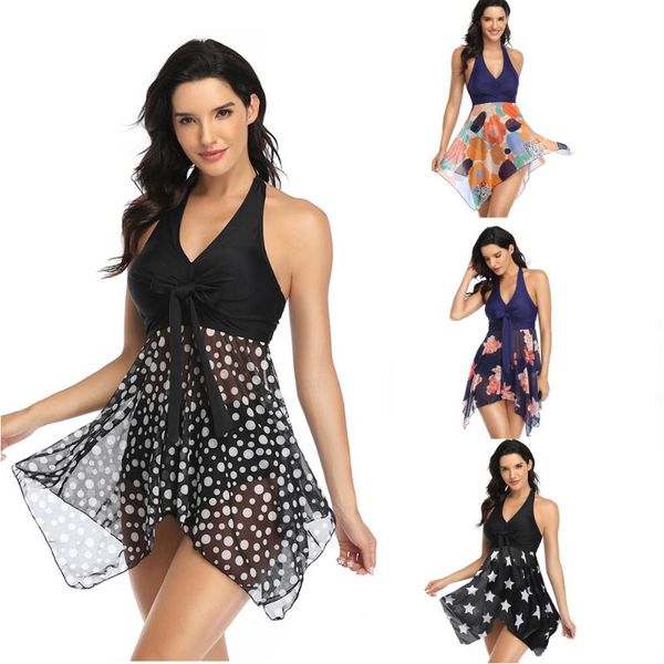 

plus size swimwear women swimsuit two pieces big swim suit split mesh dress + high wsit bottom beachwear bathing one-piece suits