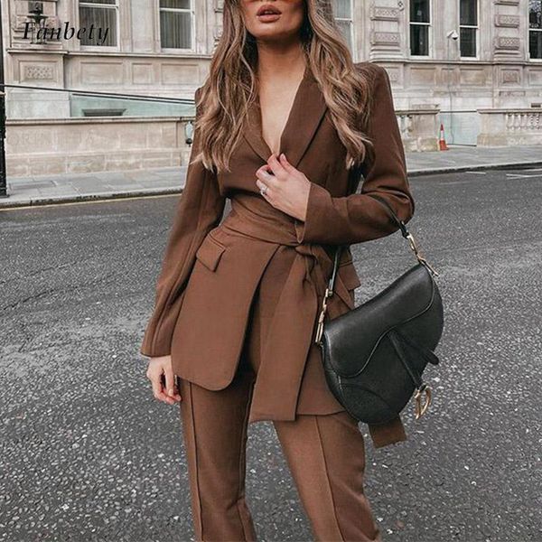 

women's two piece pants office design women turn-down collar blazer+long suit autumn spring lady outfit casual solid color set, White