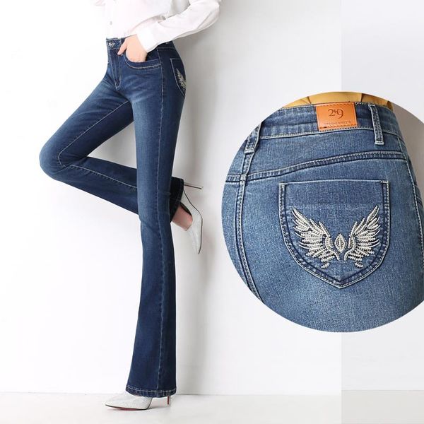 

women's jeans autumn and winter waist high women wear white stretch large size slim bell-bottoms with thin trousers, Blue
