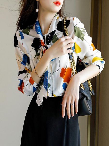 

women's blouses & shirts folobe 2021 spring women colorful printed blouse shirt long sleeve turn-down collar casual stylish with lace, White