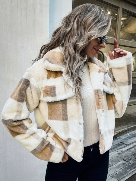 

plaid print drop shoulder teddy jacket 58gn#, Black;brown