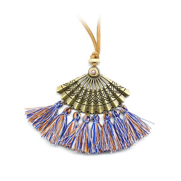 

bohemian fan carved hollow with color tassel pendant necklace imitation leather long sweater chain women party shopping jewelry necklaces, Silver