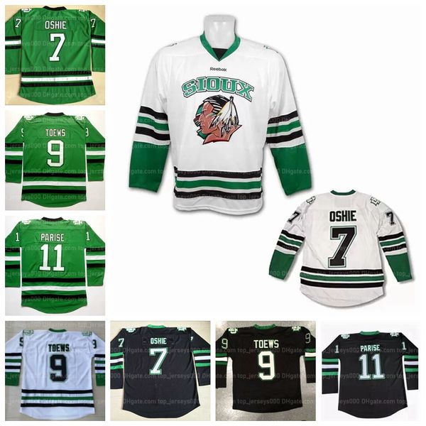 

north dakota fighting sioux hawks college und hockey jerseys 7 tj oshie 9 jonathan toews 11 zach parise stitched white black green men size, Black;red