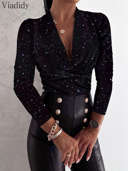 

women's blouses & shirts women glitter plunge ruched long sleeve sequin shirt, White