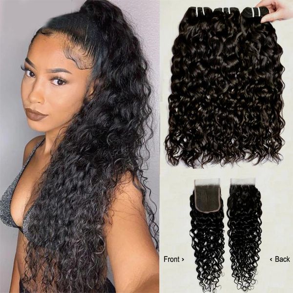 

human hair bulks ahjf water wave bundles with closure lace closures malaysian weave remy, Black