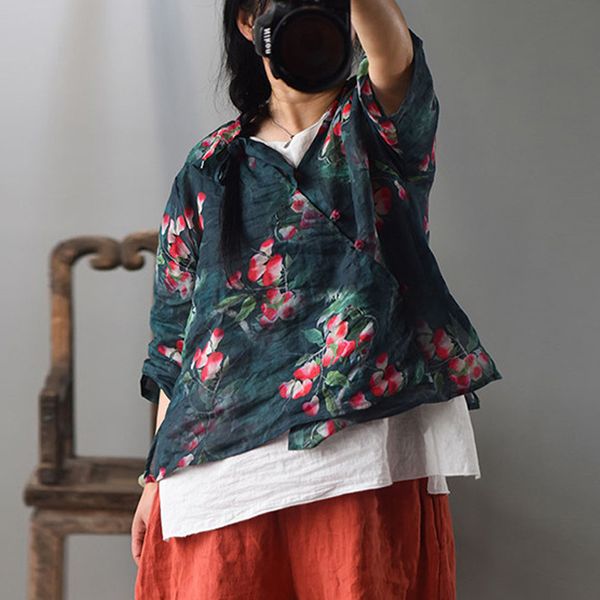 

johnature women vintage ramie summer blouses chinese style shirts v-neck half sleeve print floral female shirts 210521, White