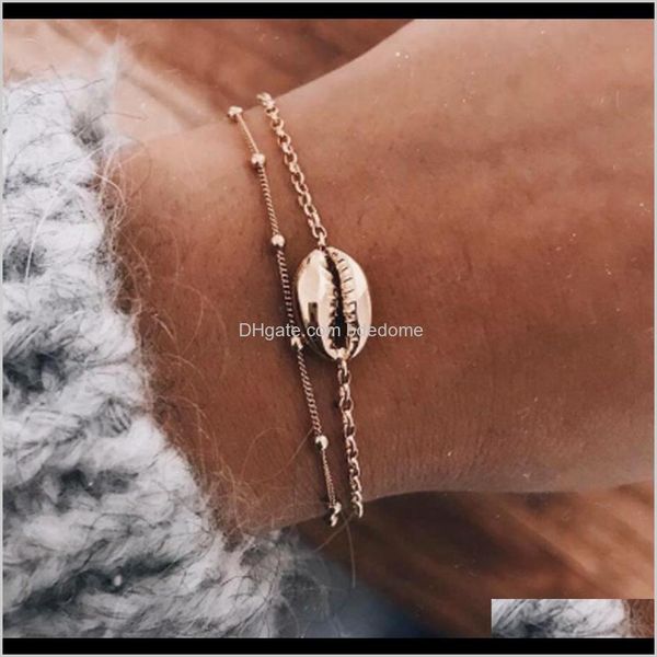 

drop delivery 2021 2 pcs/ set minimalist gold color shell for women delicate beads chain charm bracelets bangles femme jewelry hy16j, Golden;silver
