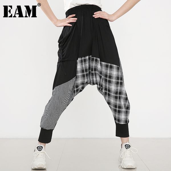 

[eam] high elastic waist black spliced plaid harem trousers loose fit pants women fashion spring autumn 1dd231801 210512, Black;white