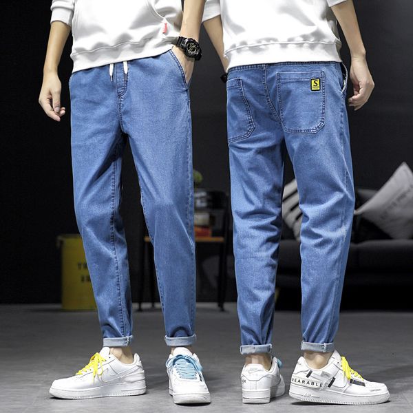 

jeans men's spring leggings elastic waist pants fashion casual, Blue