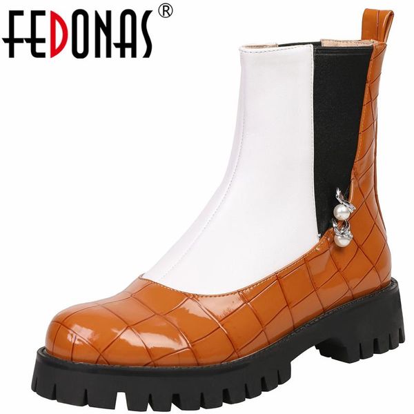 

boots fedonas round toe women ankle retro mixed colors genuine leather thick heels pearl autumn winter platforms shoes woman, Black