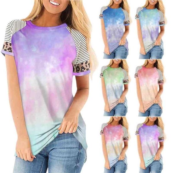 

tie-dye shirt o-neck leopard patchwork striped short sleeve pullover women cotton tee gradient purple casual loose tshirts 210604, White