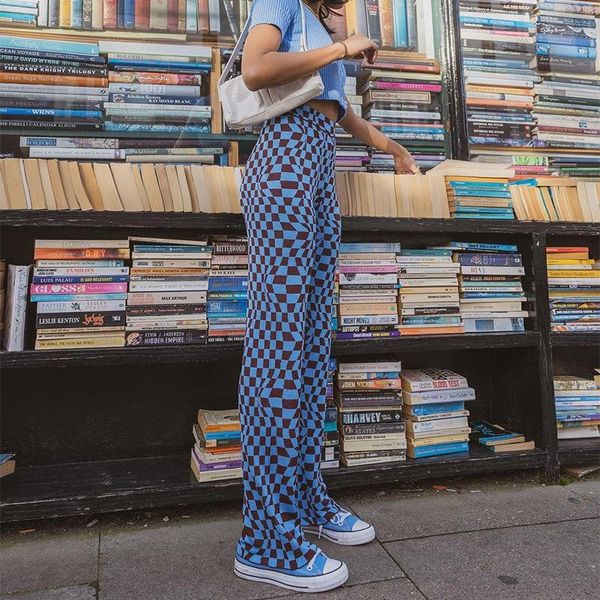 

women's pants & capris spring autumn women high waist vintage plaid print y2k fashion street water ripple flare long clothing, Black;white