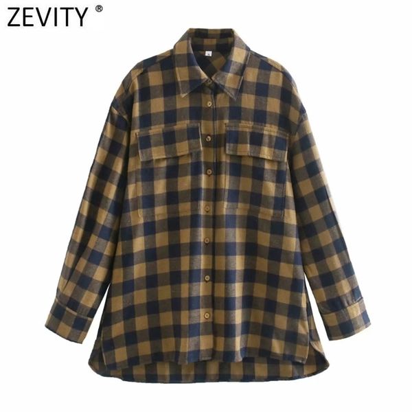 

women vintage double pockets decoration plaid print casual blouse office lady retro breasted shirt chic blusa ls7456 210416, White;black