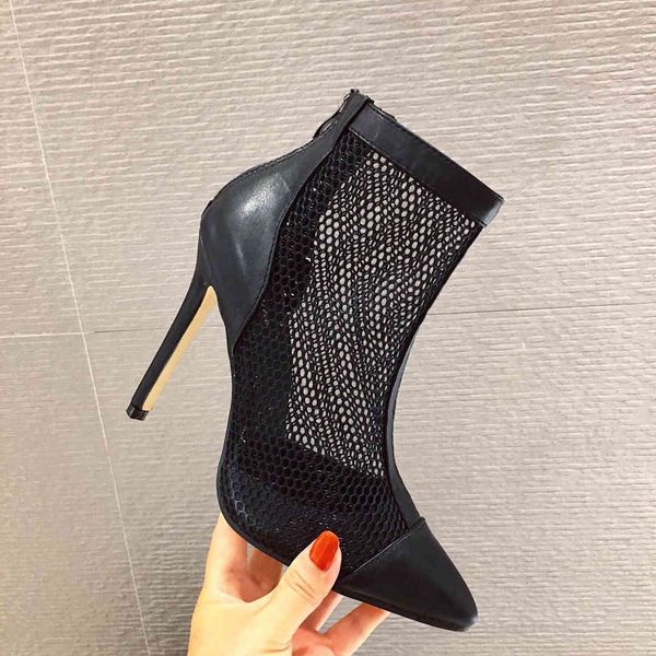 

boots mesh all-match temperament high heels thin heeled pointed short boots, Black