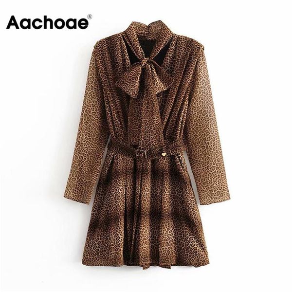 

women leopard mini dress bow tie collar long sleeve streetwear dresses bandage pleated high street sundresses, Black;white
