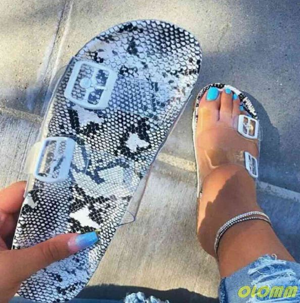 

slippers clear shoes 2021 summer open toe belt buckle flat ladies snake shallow casual beach slide woman 2q13, Black