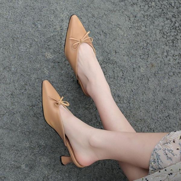

dress shoes fanyuan women mules pumps square high heel slingback pu leather butterfly-knot pointed toe slip on elegant slippers size34-43, Black