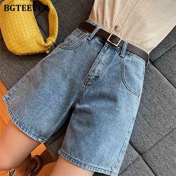 

bgteever fashion summer half women denim shorts high waist belted loose female short jeans 2021 streetwear, Blue