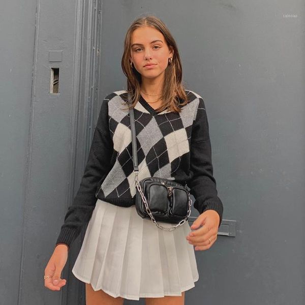 

y2k argyle plaid pullover sweater women autumn v neck vintage knitwear casual jumper preppy style 90s aesthetic women's sweaters, White;black