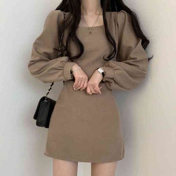 

casual dresses chic temperament slim square neck puff sleeve korean fashion autumn jjk3, Black;gray