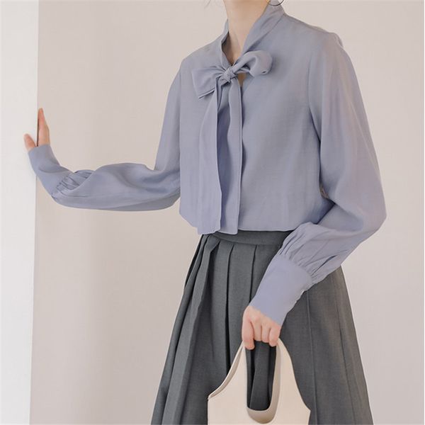 

bow elegance sweet lace-up gentle office lady streetwear all match full sleeves shirts chic blouses 210421, White