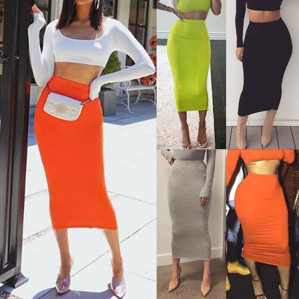 

skirts brand women office midi pencil skirt stretch bodycon tube ladies solid skinny plus size high waist autumn fashion 2021, Black