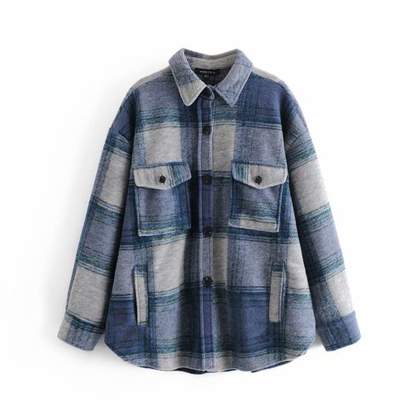 

vintage woman oversized blue plaid patchwork woolen coat autumn winter fashion ladies soft thick shirts female loose jacket 210515, Black;brown
