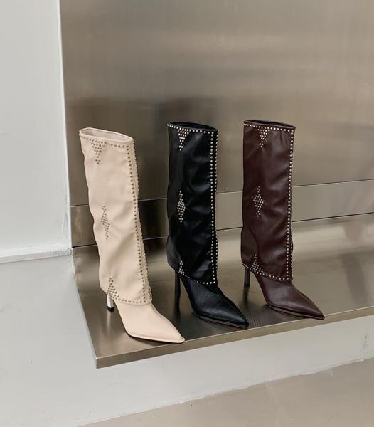 

boots ladies brown women's fashion rivet pointed toe stiletto high heel flanged large size 3839, Black