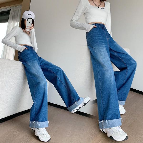 

women's jeans high waist denim wide leg mopping pants women 2021 autumn and winter style korean loose fat plus size trend, Blue
