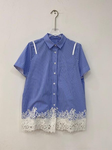 

women's blouses & shirts 2021ss summer fashion lace patchwork fake two piece striped short sleeve shirt blouse for ladies gdnz 5.20, White