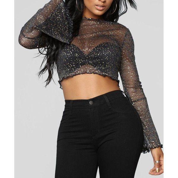 

women's blouses & shirts women see through sheer mesh sequins blouse long flare sleeve black turtle neck shirt, White