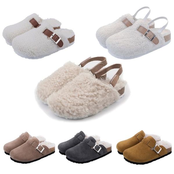 

slipper home non-slip children warm fur bedroom plush slippers cork imitation wool winter kids boys girls soft shoes, Black;grey