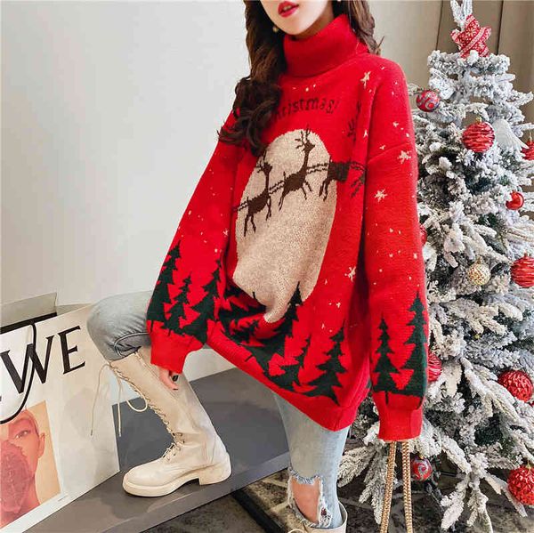 

women's sweaters ebaihui sweater turtleneck thick women's pullover korean winter pattern deer loose flakes of nece and big christm, White;black