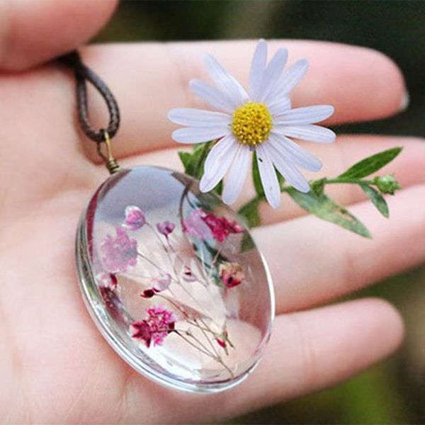 

pendant necklaces bohemian long statement necklace handmade dried flower gypsophila time dome glass four seasons jewelry, Silver