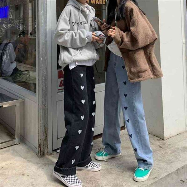

baggy jeans streetwear women jean fashion love print loose casual hip hop y2k jeans high waist chic mom wide leg, Black;white