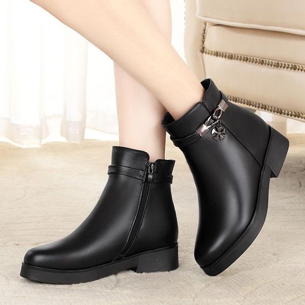 

boots krasovki wool women snow genuine leather warm flat bottom platform for fur shoes ankle plush winter, Black