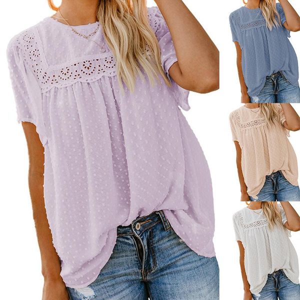 

women's blouses & shirts 2021 european and american summer all-match jacquard hair ball double-layer chiffon short-sleeved lace hollow, White