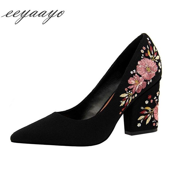 

spring/autumn women pumps high square heel pointed toe shallow embroidery flower shoes black heels dress
