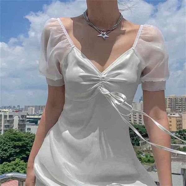 

fashion white dress summer women's style mesh puff sleeve v-neck open back doll short 210508, Black;gray