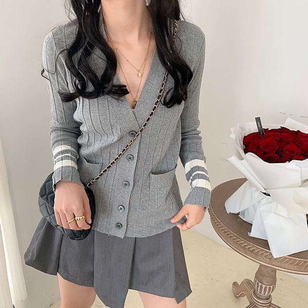 

grey tb pit strip cardigan 8572 simple stripe gaoji grey sweater top, White