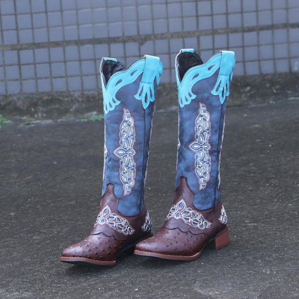 

boots women western cowboy knee high embroider leather low heels shoes female plus size 43 slip-on riding 2021 autumn, Black