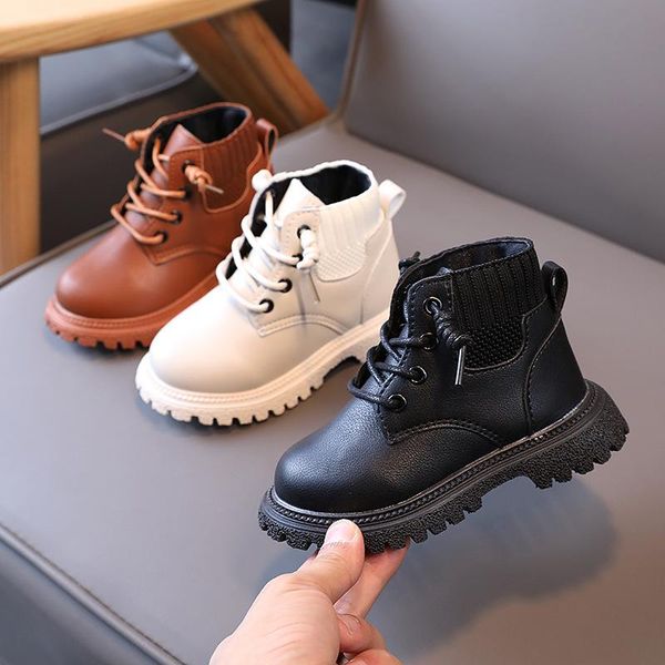 

flat shoes children' boots 2021 autumn toddler girl leather boys black short girls lace-up single for kids, Black;grey