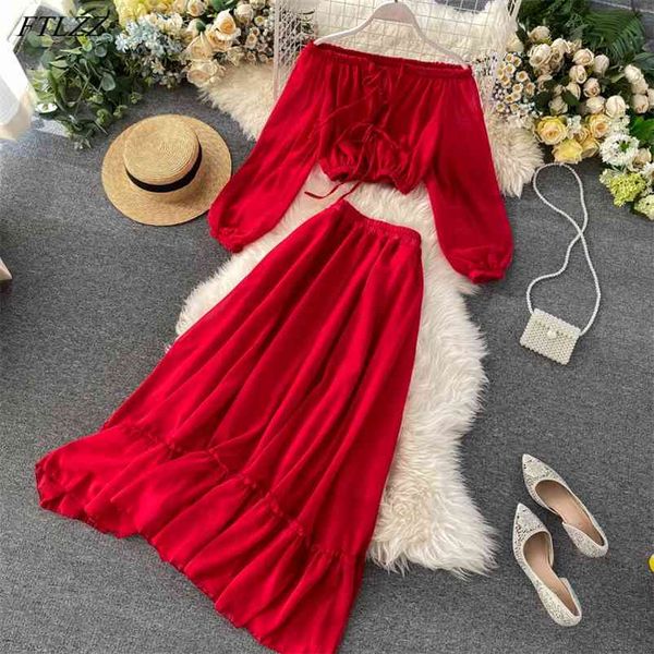 

summer women red two piece set long sleeve tunic waist crop chiffon +high lotus leaf edge skirt suits 210430, White