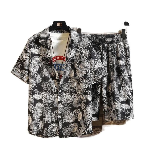 

men's tracksuits casual suit male loose big size fat person travel vacation beach two-piece short-sleeved flower shirt couple summer ti, Gray