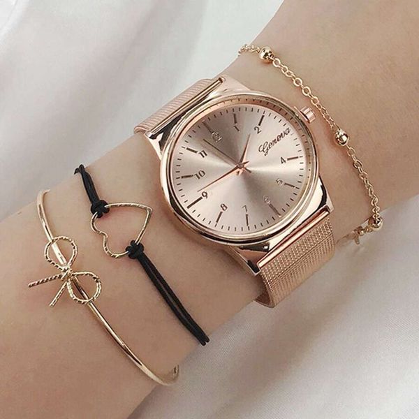 

4 pcs women watches luxury relogio feminino clock for milanese steel dame rose gold quartz ladies watch, Slivery;brown