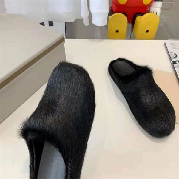 

fashion fur slippers women round toe horse hair slides female black rose red green mules shoes flat half slipper woman casual plush shoess